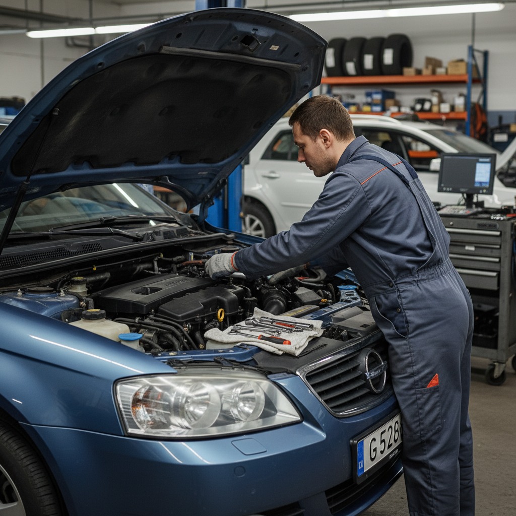 Mechanik w niebieskim kombinezonie naprawia silnik niebieskiego samochodu z otwartą maską w warsztacie samochodowym.